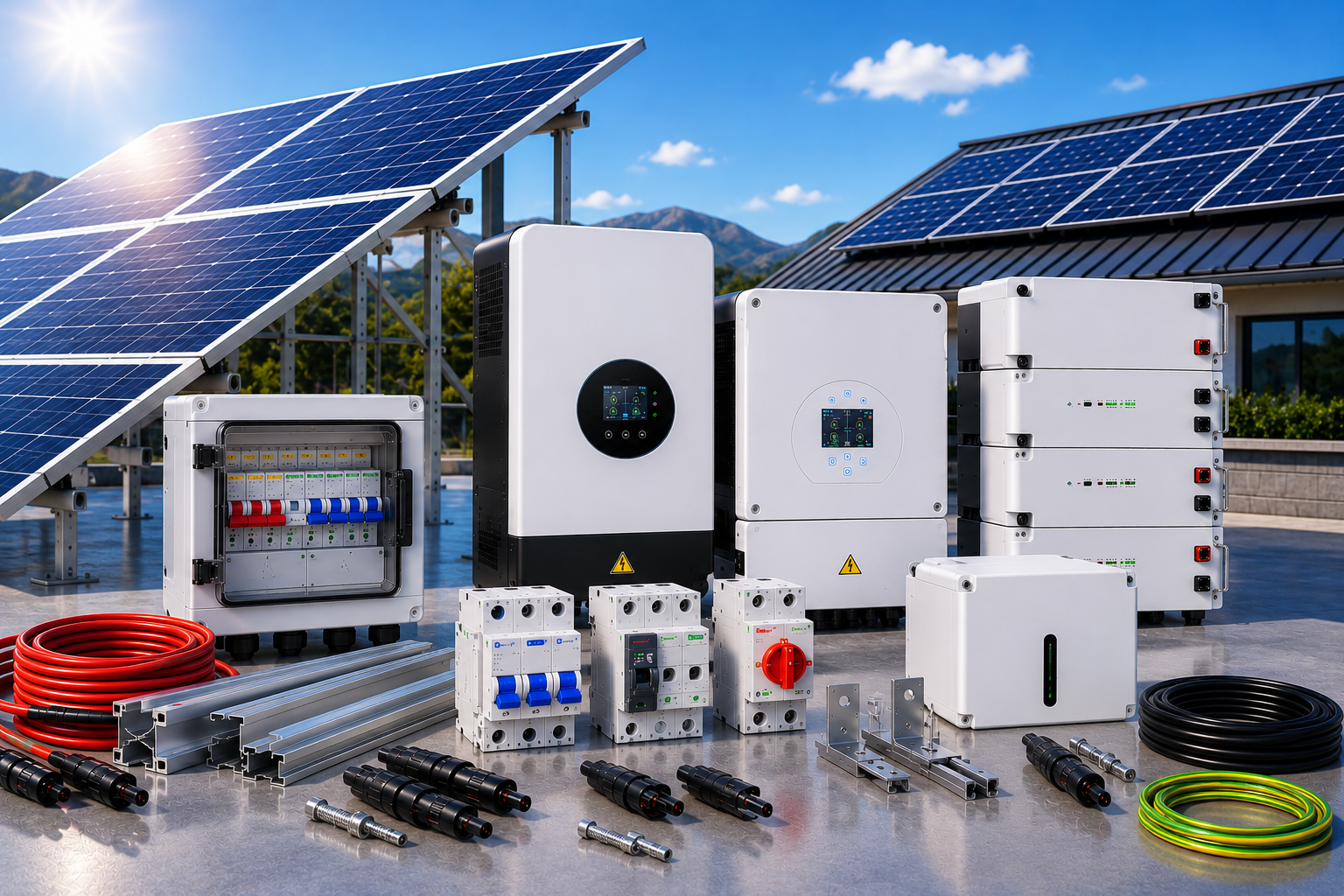 Installation solaire composée de panneaux photovoltaïques, onduleur, batteries lithium, coffrets de protection et accessoires pour systèmes d'énergie solaire.